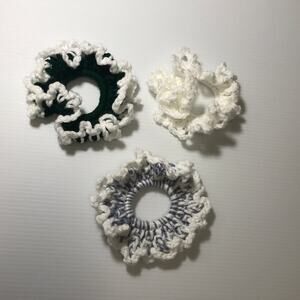 NWT White, Gray Green Handmade Crocheted Hair Scrunchie by Dawny Set of 3